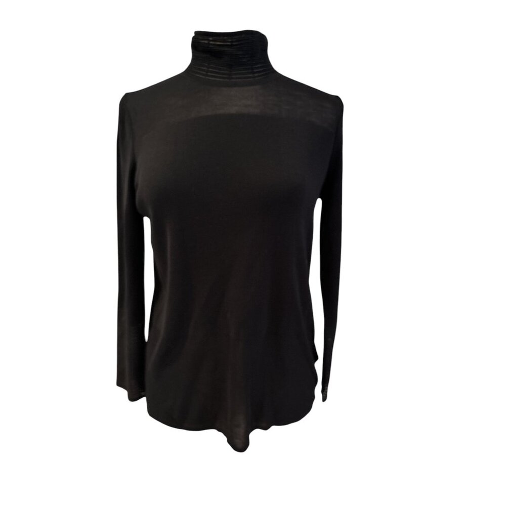 Black Long-Sleeve Top With Ribbed Mock Neck & Cuff Details For Women